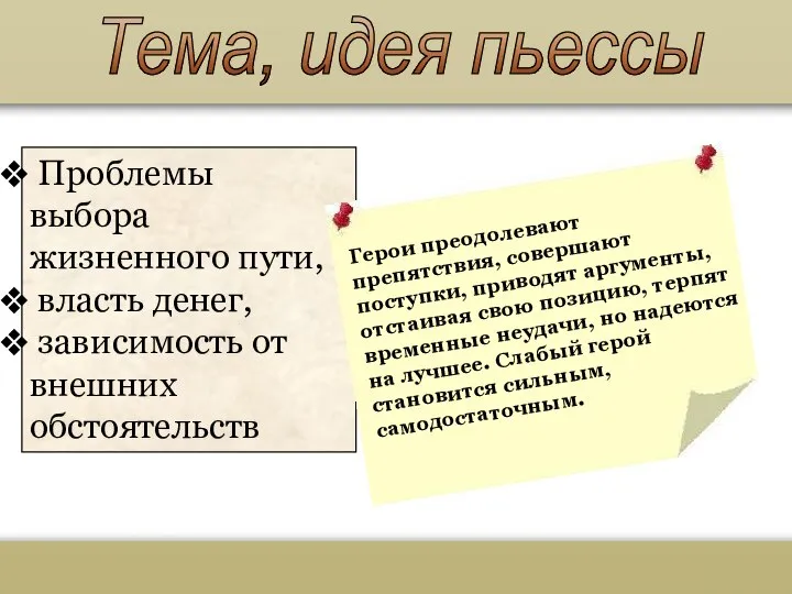 Тема, идея пьессы Проблемы выбора жизненного пути, власть денег, зависимость от