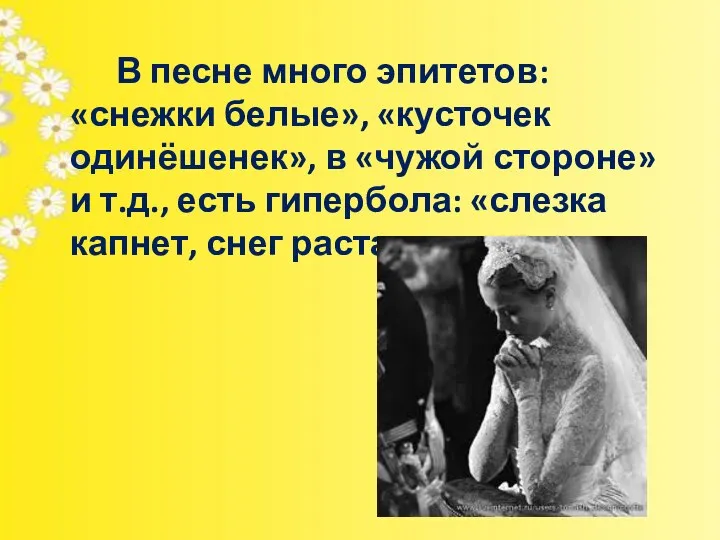 В песне много эпитетов: «снежки белые», «кусточек одинёшенек», в «чужой стороне»