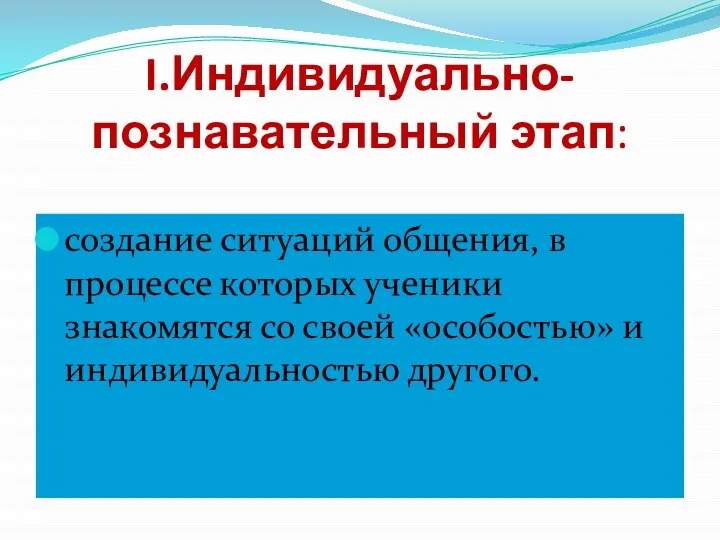 I.Индивидуально-познавательный этап: создание ситуаций общения, в процессе которых ученики знакомятся со своей «особостью» и индивидуальностью другого.