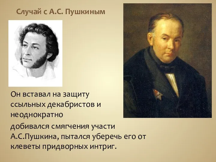 Случай с А.С. Пушкиным Он вставал на защиту ссыльных декабристов и