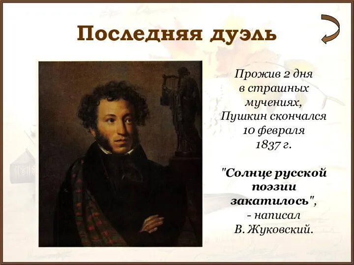 Последняя дуэль Прожив 2 дня в страшных мучениях, Пушкин скончался 10