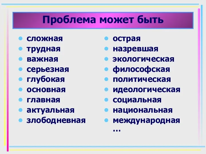 Проблема может быть сложная трудная важная серьезная глубокая основная главная актуальная