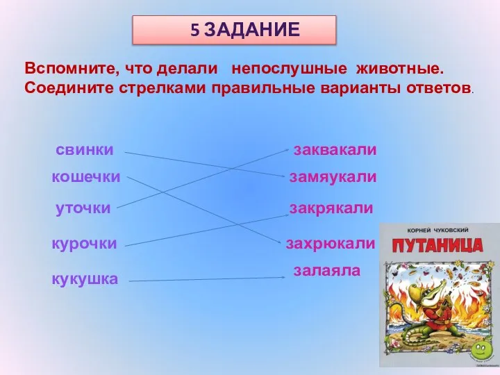 5 ЗАДАНИЕ Вспомните, что делали непослушные животные. Соедините стрелками правильные варианты