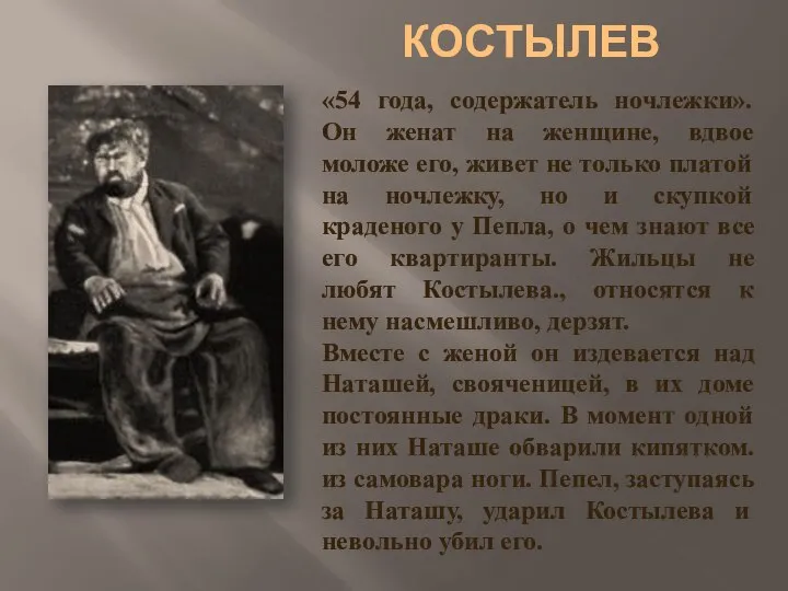 «54 года, содержатель ночлежки». Он женат на женщине, вдвое моложе его,