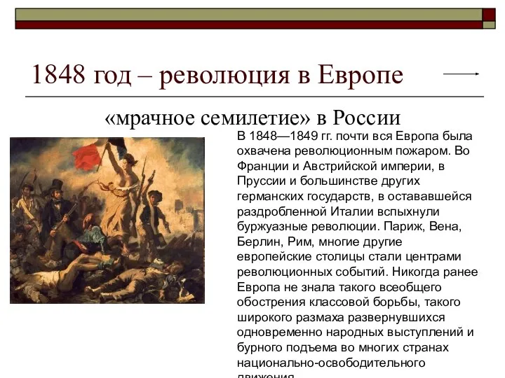 1848 год – революция в Европе «мрачное семилетие» в России В