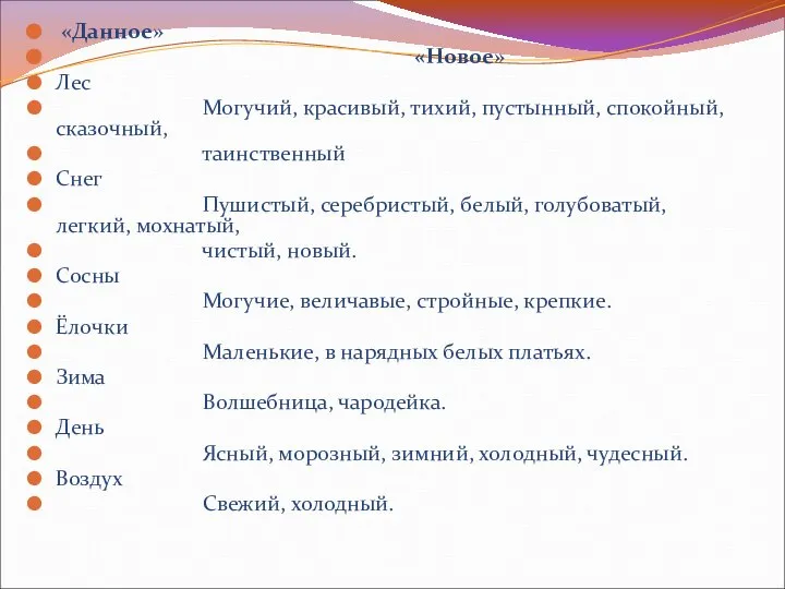 «Данное» «Новое» Лес Могучий, красивый, тихий, пустынный, спокойный, сказочный, таинственный Снег