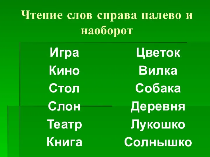 Чтение слов справа налево и наоборот Игра Кино Стол Слон Театр