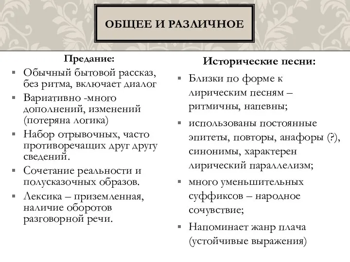 Предание: Обычный бытовой рассказ, без ритма, включает диалог Вариативно -много дополнений,