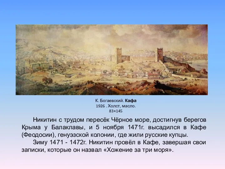 Никитин с трудом пересёк Чёрное море, достигнув берегов Крыма у Балаклавы,