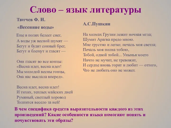 Слово – язык литературы А.С.Пушкин На холмах Грузии лежит ночная мгла;