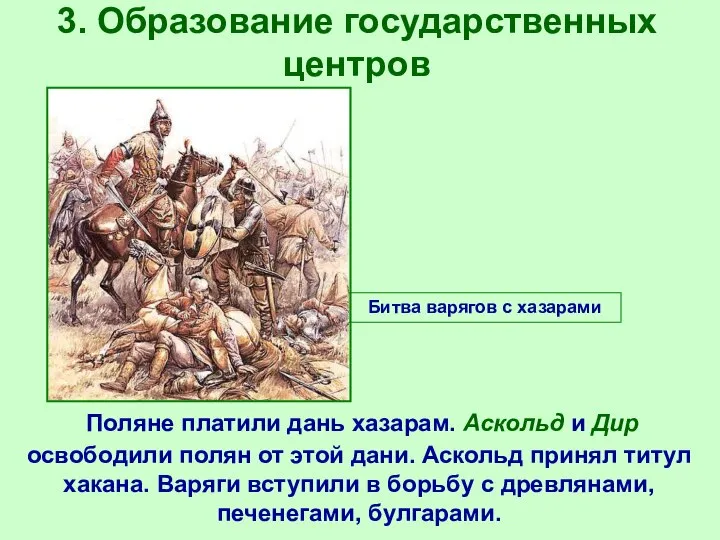 3. Образование государственных центров Поляне платили дань хазарам. Аскольд и Дир