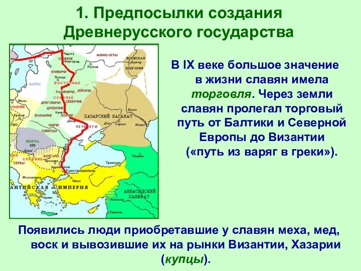 1. Предпосылки создания Древнерусского государства Появились люди приобретавшие у славян меха,