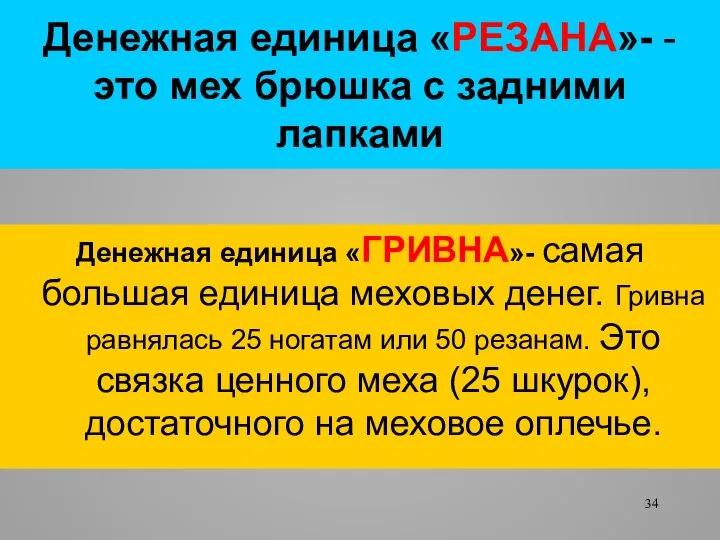 Денежная единица «РЕЗАНА»- - это мех брюшка с задними лапками Денежная