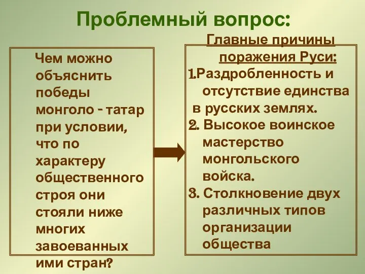 Проблемный вопрос: Чем можно объяснить победы монголо - татар при условии,