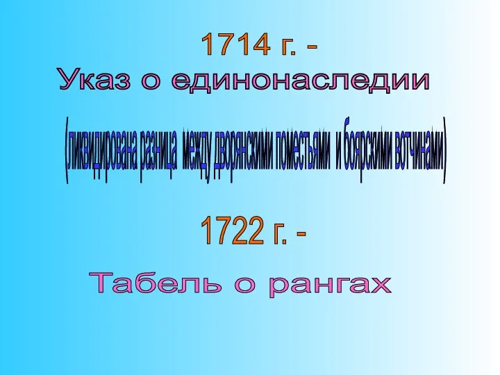 Указ о единонаследии 1714 г. - (ликвидирована разница между дворянскими поместьями