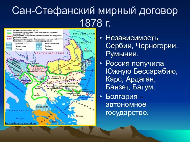 Сан-Стефанский мирный договор 1878 г. Независимость Сербии, Черногории, Румынии. Россия получила