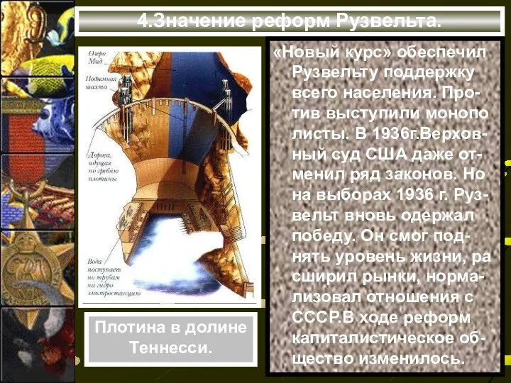 4.Значение реформ Рузвельта. «Новый курс» обеспечил Рузвельту поддержку всего населения. Про-тив