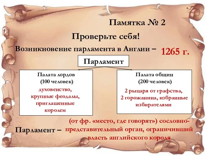 Памятка № 2 Проверьте себя! Парламент Палата лордов (100 человек) Палата