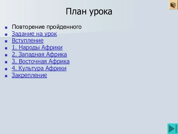 План урока Повторение пройденного Задание на урок Вступление 1. Народы Африки