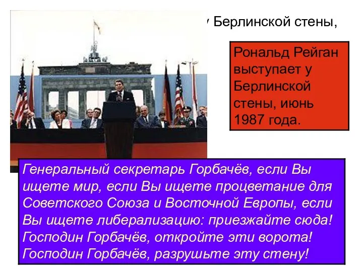 Рональд Рейган выступает у Берлинской стены, июнь 1987 года.