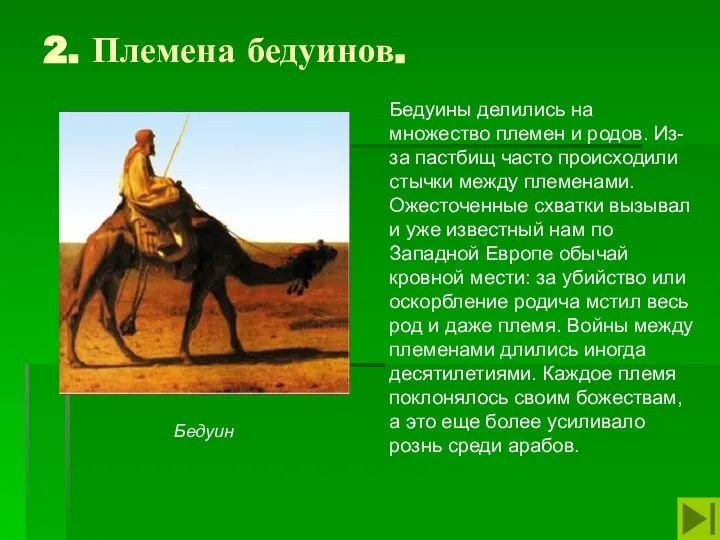 2. Племена бедуинов. Бедуины делились на множество племен и родов. Из-за