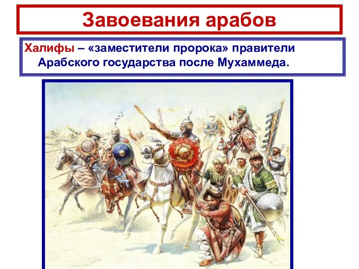 Завоевания арабов Халифы – «заместители пророка» правители Арабского государства после Мухаммеда.