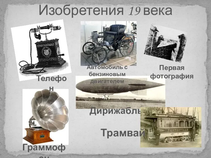 Изобретения 19 века Телефон Автомобиль с бензиновым двигателем Первая фотография Граммофон Дирижабль Трамвай