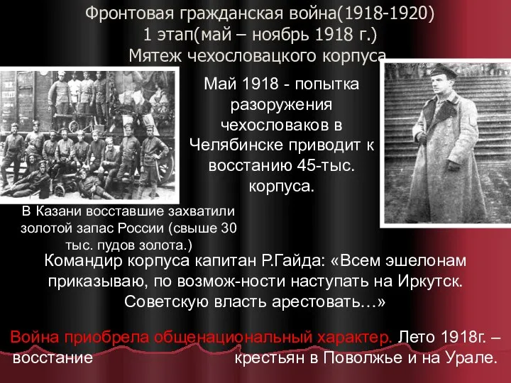 Фронтовая гражданская война(1918-1920) 1 этап(май – ноябрь 1918 г.) Мятеж чехословацкого