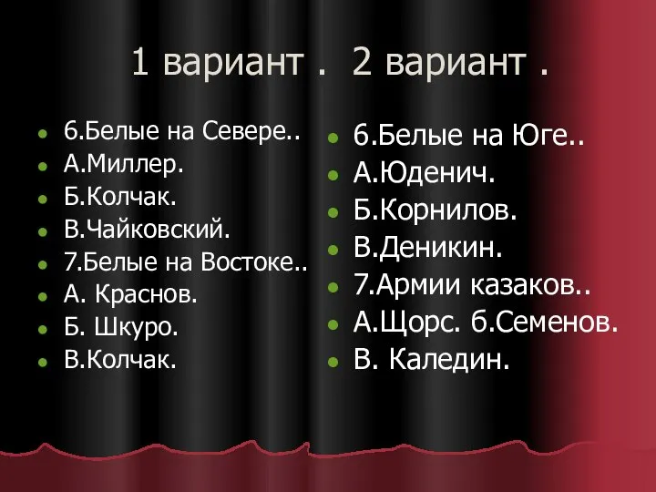 1 вариант . 2 вариант . 6.Белые на Севере.. А.Миллер. Б.Колчак.