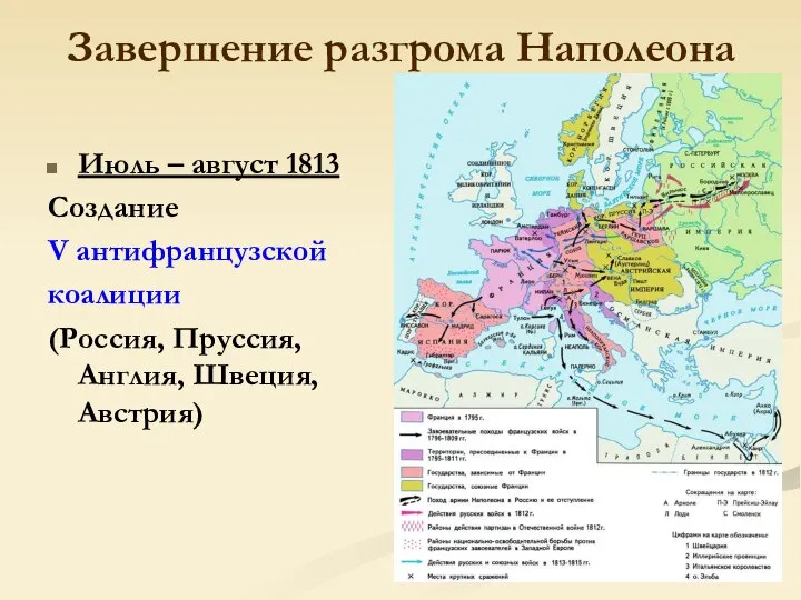 Завершение разгрома Наполеона Июль – август 1813 Создание V антифранцузской коалиции (Россия, Пруссия, Англия, Швеция, Австрия)