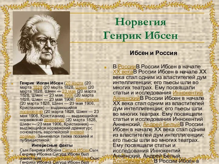 Норвегия Генрик Ибсен Генрик Иоган Ибсен (20 марта (20 марта 1828