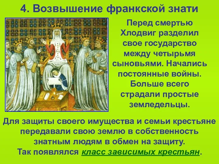 4. Возвышение франкской знати Перед смертью Хлодвиг разделил свое государство между