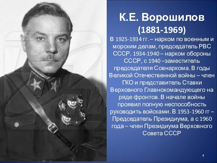 К.Е. Ворошилов (1881-1969) В 1925-1934 гг. – нарком по военным и
