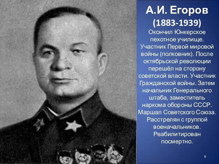 А.И. Егоров (1883-1939) Окончил Юнкерское пехотное училище. Участник Первой мировой войны