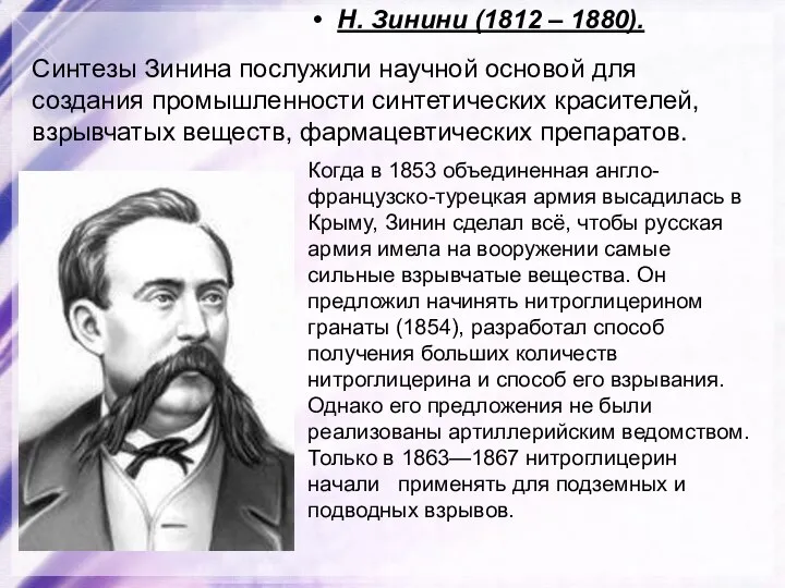 Н. Зинини (1812 – 1880). Синтезы Зинина послужили научной основой для