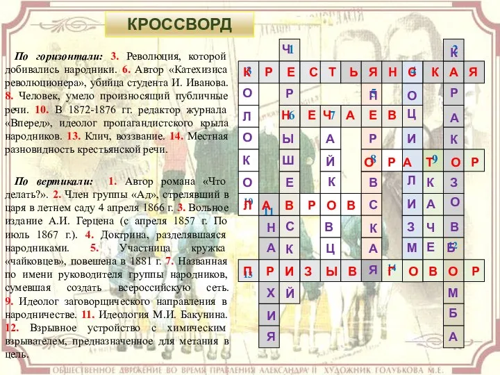 По горизонтали: 3. Революция, которой добивались народники. 6. Автор «Катехизиса революционера»,