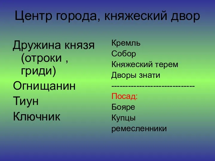 Центр города, княжеский двор Дружина князя (отроки , гриди) Огнищанин Тиун