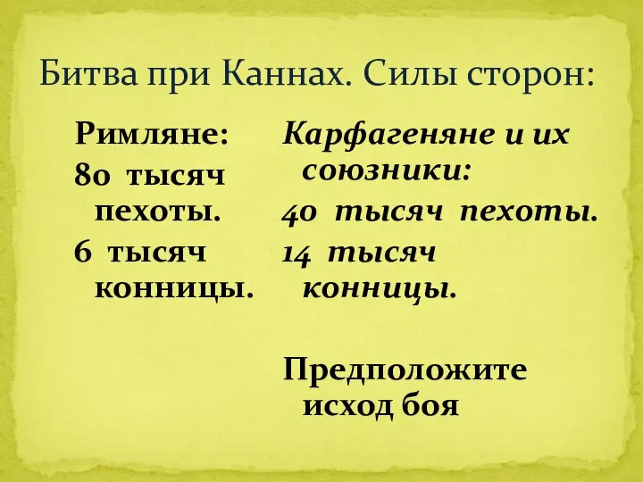 Битва при Каннах. Силы сторон: Римляне: 80 тысяч пехоты. 6 тысяч