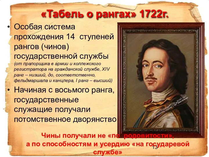 «Табель о рангах» 1722г. Особая система прохождения 14 ступеней рангов (чинов)