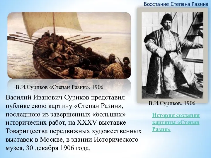 Василий Иванович Суриков представил публике свою картину «Степан Разин», последнюю из