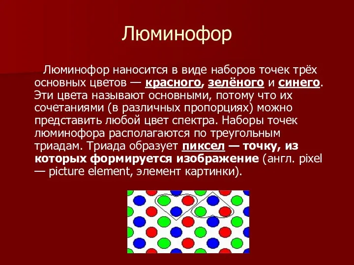 Люминофор Люминофор наносится в виде наборов точек трёх основных цветов —