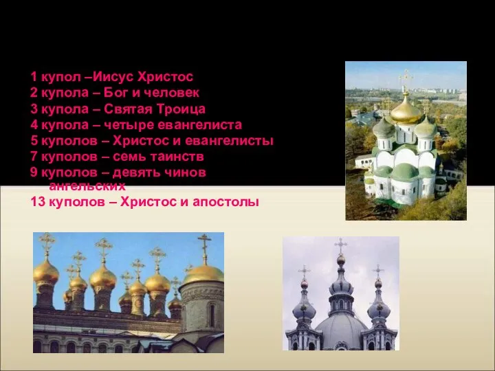 Количество куполов на храме обозначают следующие символы: 1 купол –Иисус Христос