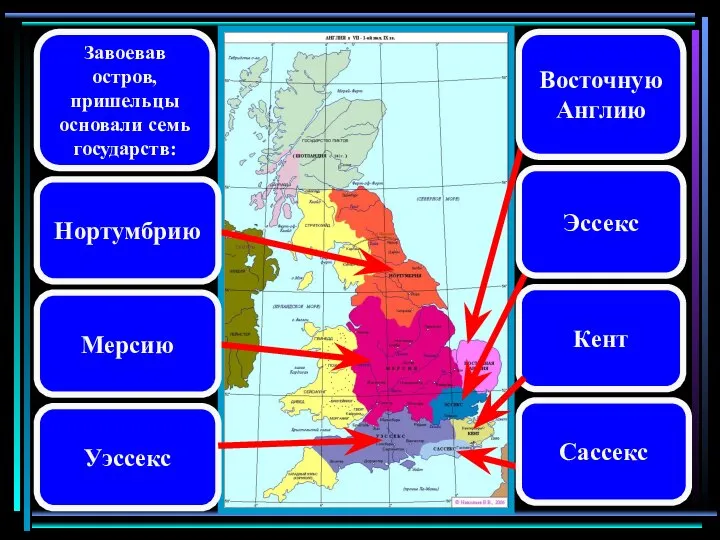Завоевав остров, пришельцы основали семь государств: Восточную Англию Эссекс Уэссекс Кент Сассекс Нортумбрию Мерсию