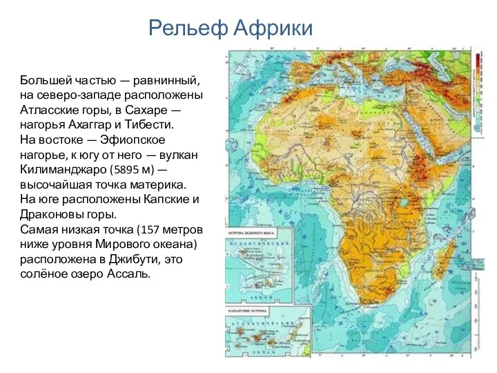 Большей частью — равнинный, на северо-западе расположены Атласские горы, в Сахаре