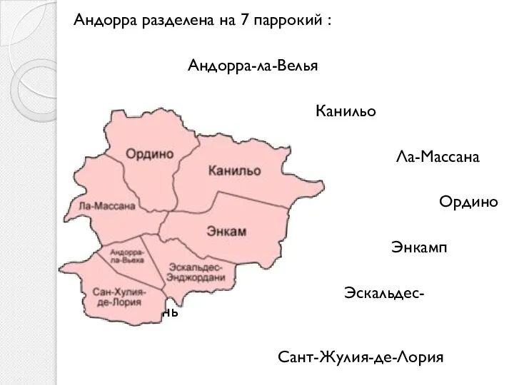 Андорра разделена на 7 паррокий : Андорра-ла-Велья Канильо Ла-Массана Ордино Энкамп Эскальдес-Энгордань Сант-Жулия-де-Лория