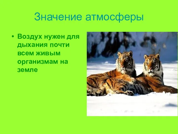 Значение атмосферы Воздух нужен для дыхания почти всем живым организмам на земле