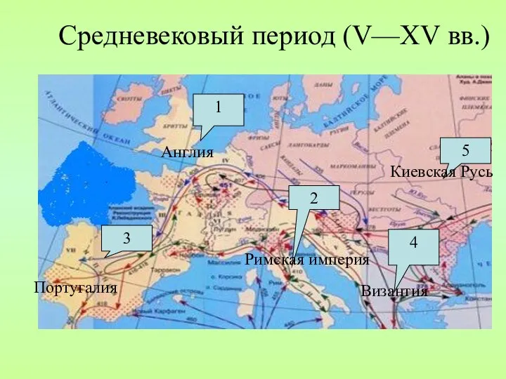 Средневековый период (V—XV вв.) 1 Англия 2 Римская империя 3 Португалия 4 Византия 5 Киевская Русь