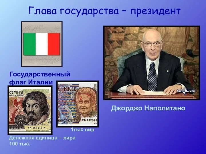 Глава государства – президент Джорджо Наполитано Государственный флаг Италии Денежная единица
