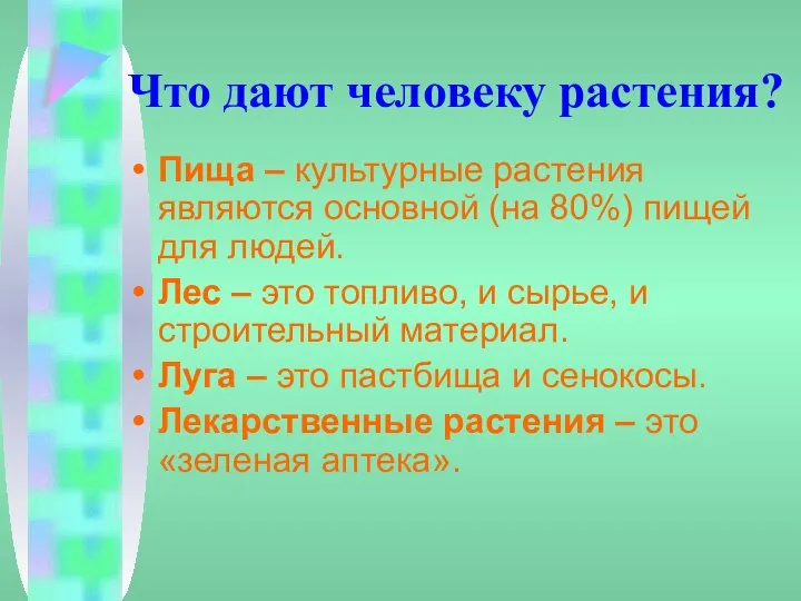 Что дают человеку растения? Пища – культурные растения являются основной (на