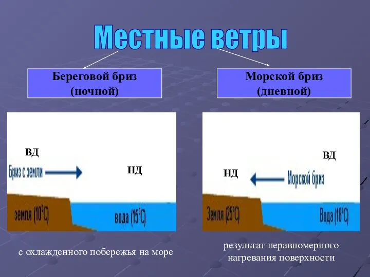 Местные ветры Береговой бриз (ночной) Морской бриз (дневной) с охлажденного побережья